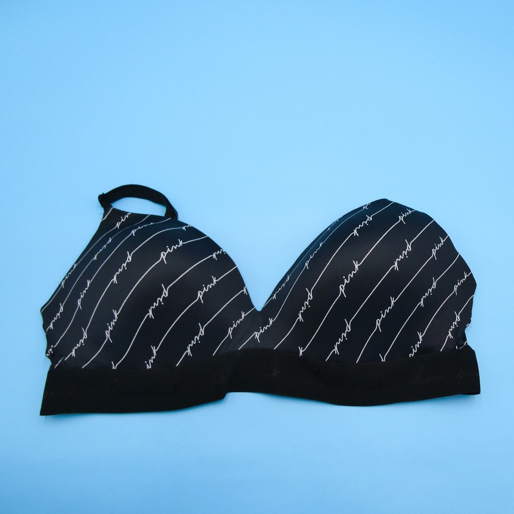Victorias Secret PINK Bra Womens 38D Wear Everywhere Wireless Push Up Black Poly